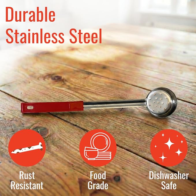 2 oz Slotted Stainless Steel Portion Control Ladle Spoon | Commercial-Grade Spoodle for Portioning & Draining - Pasta, Veggies & Buffet Service. Color-Coded by Size. Dishwasher Safe.