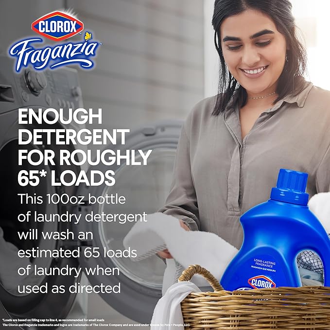 Clorox Fraganzia Liquid Laundry Detergent, Lavender Scent - High Efficiency Formula for All Front and Top Load Washing Machines, Long-Lasting Fragrance, 65 Loads per Bottle, 100 Fl Oz