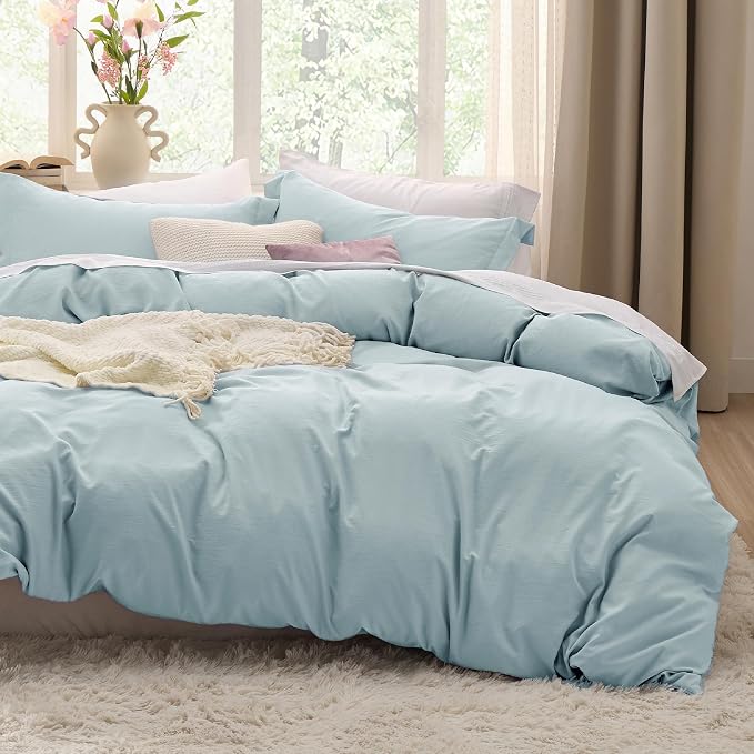Bedsure Baby Blue Duvet Cover Queen Size - 3 Pieces Prewashed Cotton-Like Polyester Extra Soft Bedding Set, Includes 1 Duvet Cover 90x90 Inches with Zipper Closure & 2 Pillow Shams, No Comforter