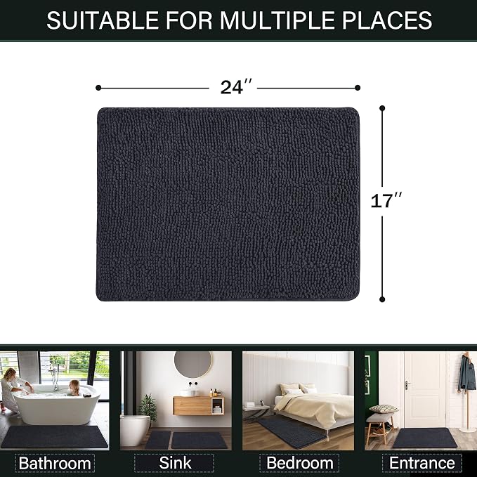 LOCHAS Luxury Bathroom Rug Shaggy Bath Mat 24 x 17 Inch, Dark Grey | Washable Non Slip Bath Rugs for Bathroom Shower, Soft Plush Chenille Absorbent Carpets