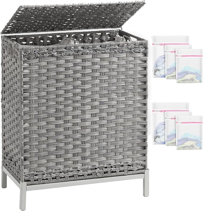 SETVSON Laundry Hamper with Lid, 112 L Handwoven PE Rattan Wicker, Gray | 2-Section Large Basket, 2 Removable Liner Bags, Heightened Metal Feet, 6 Mesh Laundry Bags, Foldable Side Handles