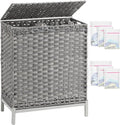SETVSON Laundry Hamper with Lid, 112 L Handwoven PE Rattan Wicker, Gray | 2-Section Large Basket, 2 Removable Liner Bags, Heightened Metal Feet, 6 Mesh Laundry Bags, Foldable Side Handles