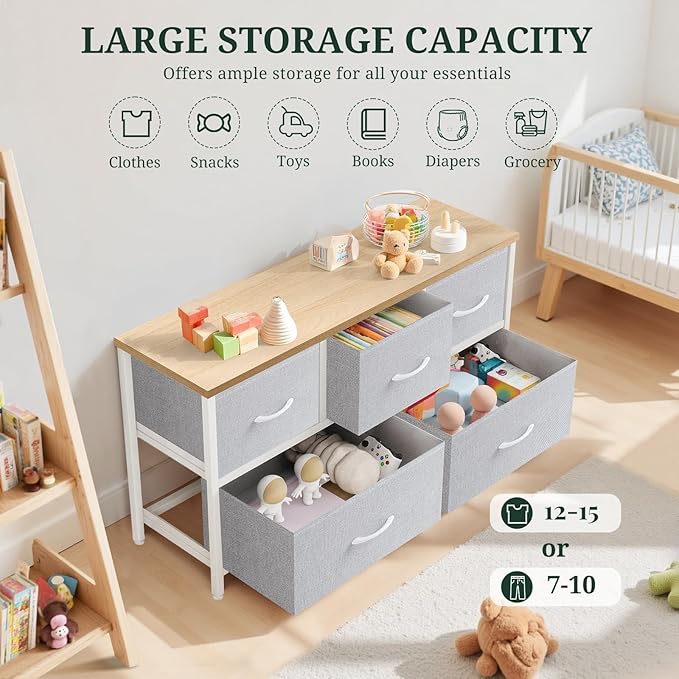 5-Drawer Dresser for Bedroom, Anti-Tip Wide Storage Organizer Fabric Chest of Drawers TV Stand for 45" TV with Wooden Top and Metal Frame for Closet, Living Room, Hallway, Entryway, Light Gray