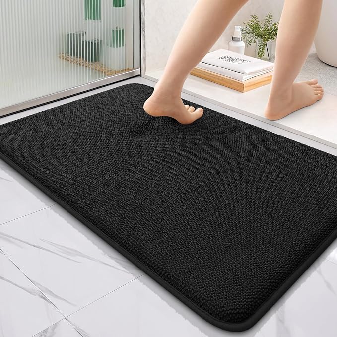 OLANLY Thick Memory Foam Bathroom Rugs 35x24, Absorbent Bath Mat, Black | Soft Quick Dry Bath Rugs Mats, Non-Slip, Machine Washable Carpet for Bathroom Floor, Tub and Shower, Home Decor Accessories