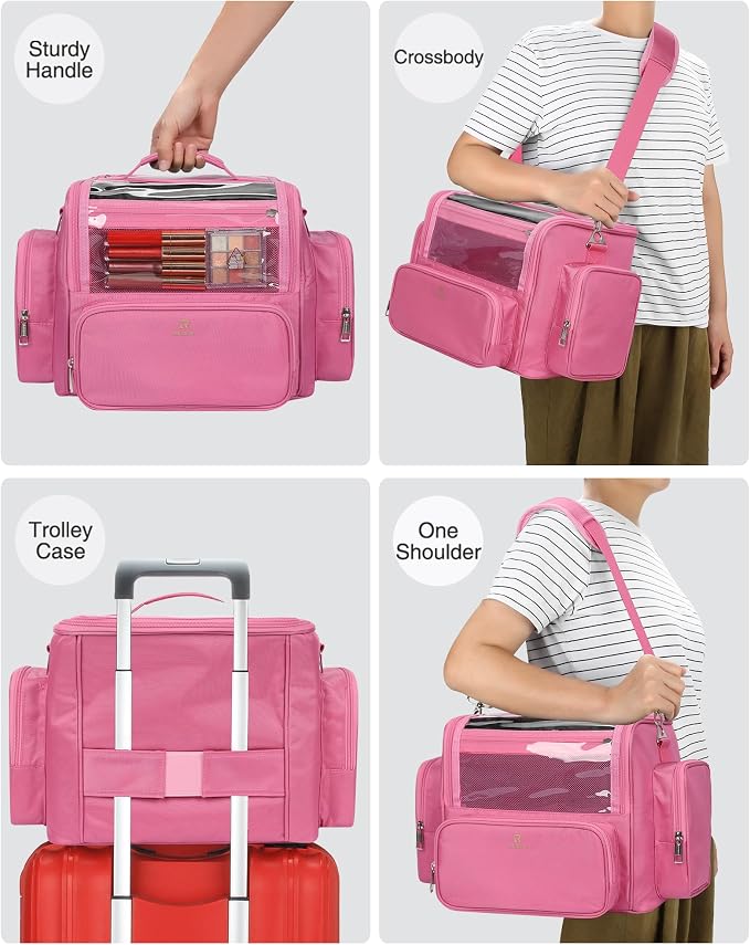 NAONAYA Pink Makeup Brush Bag, Clear Makeup Brush Holder with Lid, Extra Large Capacity Travel Cosmetic Bag Makeup Artist Must Haves,Make Up Organizers and Storage, with Adjustable Dividers