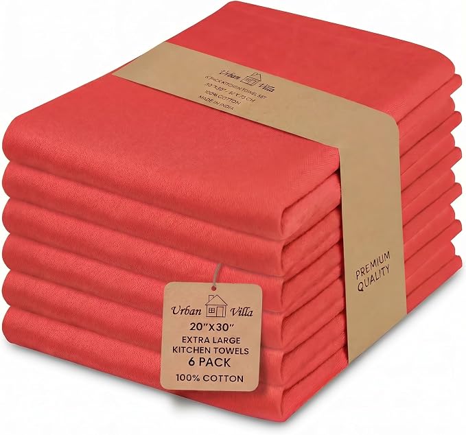 Urban Villa Kitchen Towels Cotton Dish Towels 20”x30” (Set of 6) Red