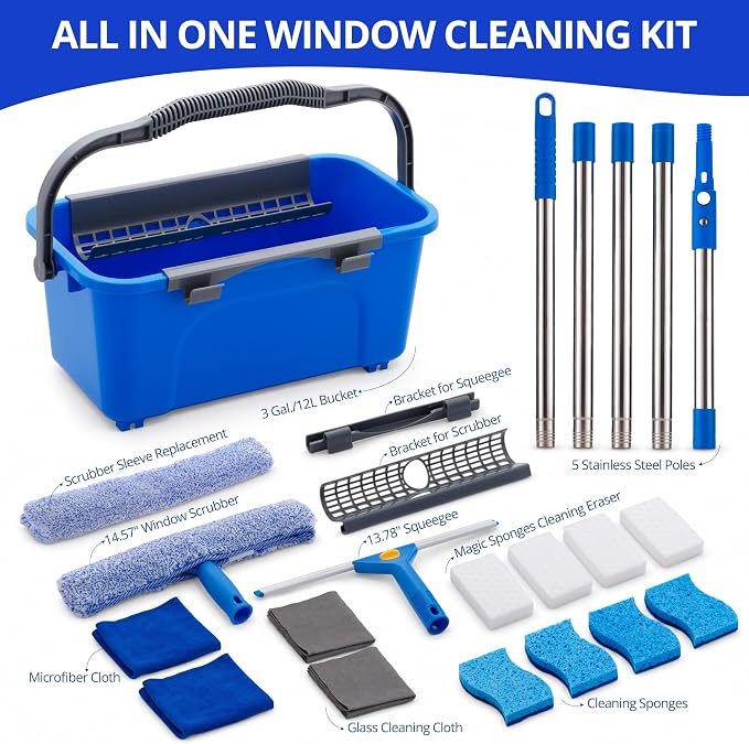 Professional Window Cleaning Kit with Bucket and Extension Pole, 7-in-1 Window Washing Kit with Squeegee, Washer, 8 Cleaning Sponges & 2 Glass Cloths, Exterior Window Cleaning Kit for High Windows