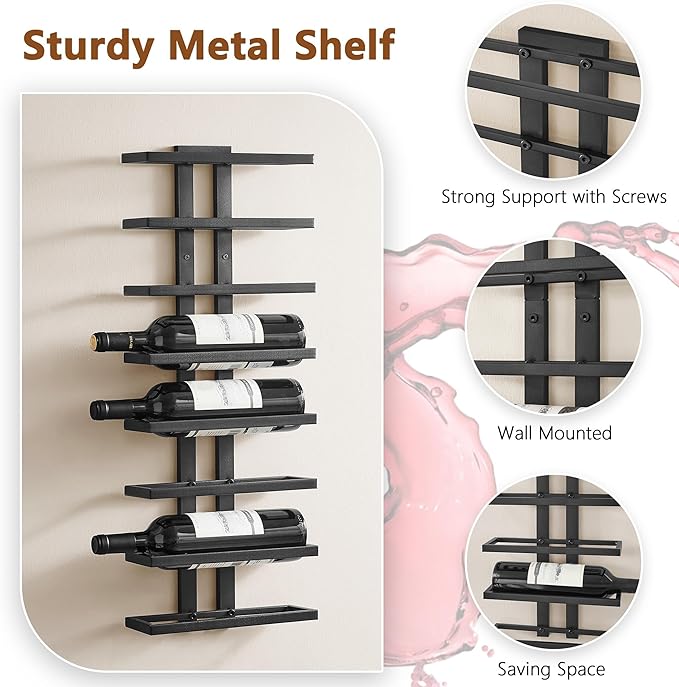 Hoctieon 3-Set 8 Tier Wall Mount Wine Rack (24 Tiers), Wall Racks for Wine Bottles Display and Storage, Hanging Bottle Organizer for Living Room, Dining Room, Wine Cellar, Bar, Black