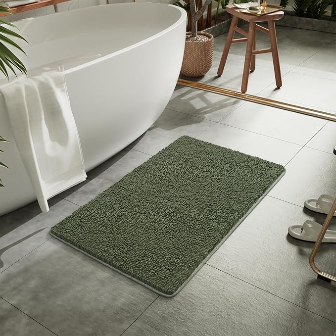 LOCHAS Luxury Bathroom Rug Shaggy Bath Mat 24 x 48 Inch, Olive Green | Washable Non Slip Bath Rugs for Bathroom Shower, Soft Plush Chenille Absorbent Carpets
