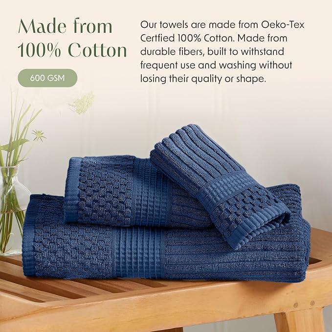 Springtree Home 100% Cotton Bath Towel Set | 4-Pack | Textured | Navy | Absorbent & Quick-Dry Bathroom Towels | Textured and Durable Cotton Towels for Bathroom | OEKO-TEX | Krista Collection