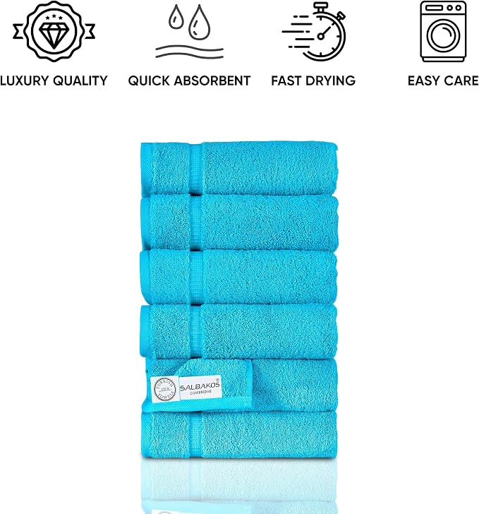 SALBAKOS 6-Piece 100% Turkish Cotton Hand Towels, 16x30 inch, Aqua | Large Size Thick Super Soft Highly Absorbent, Versatile Hair Face & Hand Drying Towel, Premium Hotel Quality Made in Turkey