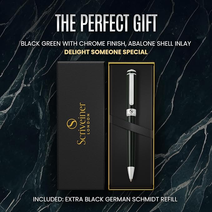 Scriveiner BlackGreen Ballpoint Pen - Black Green Luxury Pen, Chrome Finish, Schmidt Black Refill, Best Ball Pen Gift Set for Men & Women, Professional Executive Office, Nice Designer Pen