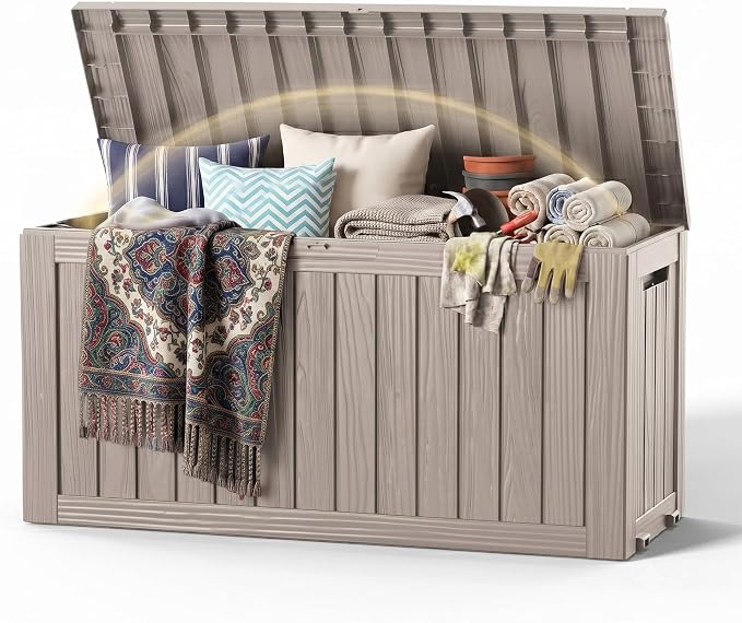 DRATO 100 Gallon Deck Boxes Outdoor Waterproof Storage Box with Wheels | Lockable Weatherproof Resin Outside Patio Storage Box for Backyard Furniture Pool Supplies Garden Tools, Grey