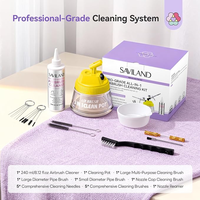 SAVILAND All-in-1 Airbrush Cleaning Kit: 240 ml Fast Airbrush Cleaner Low Odor & Needles Kit 3-in-1 Airbrush Cleaning Pot Easily Handle Water-Based & Acrylic Airbrush Paint Nail Art Painting Tools