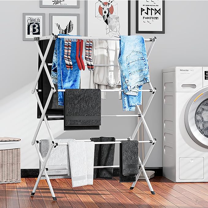 3 Tier Clothes Drying Rack, Foldable Drying Rack Clothing,Indoor & Outdoor Laundry Rack for Drying Clothes,Space-Saving Design, Metal Collapsible Dryer Racks for Laundry, White