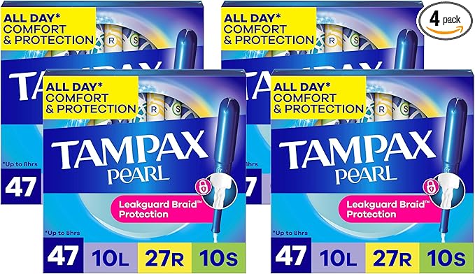 Tampax Pearl Tampons for Women Multipack, with LeakGuard Braid, Light/Regular/Super Absorbency, Unscented, 47 Count (Pack of 4)