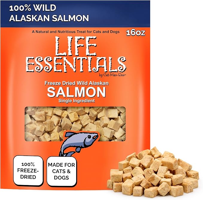 Life Essentials by Cat-Man-Doo | Freeze Dried Salmon Treats | 16oz Bag | Freeze-Dried, Premium Wild Caught Salmon, Healthy, Single Ingredient, High Protein, Pet Treats, Food Topper for Cats & Dogs