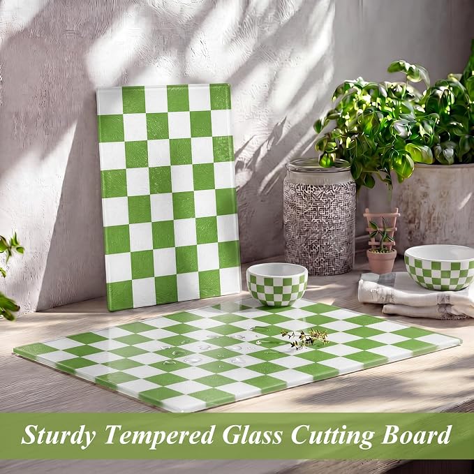 Thenshop Set of 2 Tempered Glass Cutting Boards Green Check Countertop Cutting Boards Heat Resistant with Non-slip Feet for Kitchen Counter Housewarming Wedding Gift 7.9x11inch+11x15 Inch