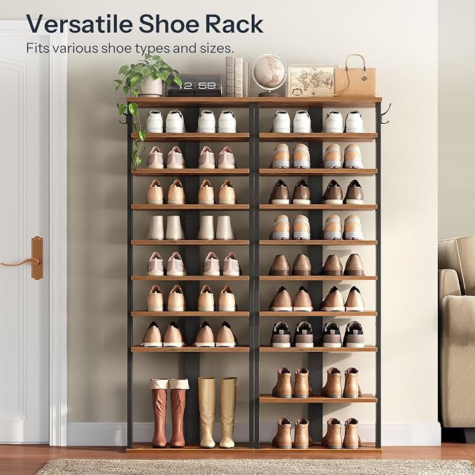 HOOBRO 10 Tiers Vertical Shoe Rack, Wooden Shoe Storage Organizer with Hooks, Narrow Shoe Tower for 20 Pairs, Space Saving, for Entryway, Living Room, Bedroom, Rustic Brown FG140XJ01