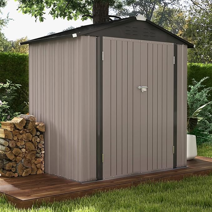 Patiowell 6x4 FT Outdoor Storage Shed, Garden Tool Storage Shed | with Sloping Roof and Double Lockable Door, Outdoor Shed for Garden Backyard Patio Lawn, Brown