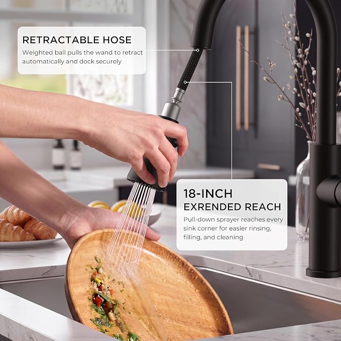 FORIOUS Black Kitchen Faucet with Pull Down Sprayer, High Arc Single Handle | Stainless Steel Single Lever Kitchen Sink Faucet 1 or 3 Hole, Suitable for Farmhouse, Camper, Laundry Room, Rv, Outdoor