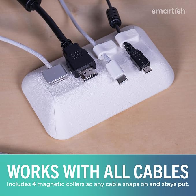 Smartish® Magnetic Cord Holder - Bigger Cable Wrangler Organizer with Magnet Clips for Charger Management on Desktop, Nightstand - Holds 6+ Cables - Snow Day White