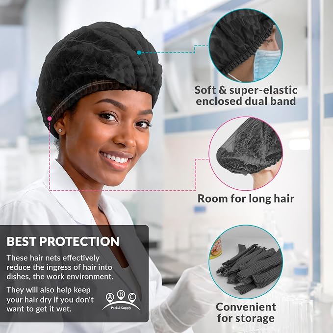 ABC PACK & SUPPLY Disposable Bouffant Caps, Black 21 Inch Hair Nets for Food Service Workers, Non Woven Polypropylene Hair Covers, Pack of 100