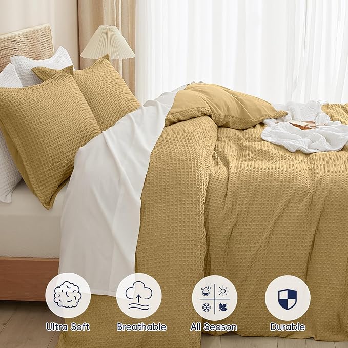 PHF Waffle Weave Duvet Cover Set King Size, No Snagging Ultra Soft Luxury Textured Breathable Comforter Cover for All Season 3pcs, Durable Bedding Duvet Set with 2 Pillow Shams, 104"x90", Antelope