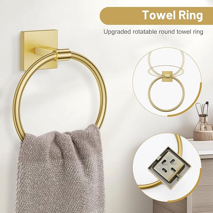 Towel Ring Set 4 Piece Bathroom Hardware Set Includes Towel Ring 2 Towel Hooks and Toilet Paper Holder Stainless Steel Wall Mounted (Brushed Gold)