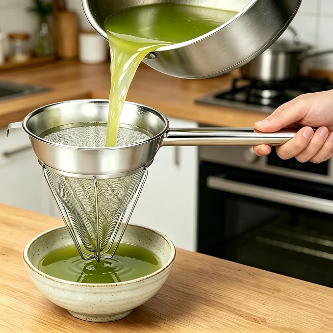 10-Inch Stainless Steel Fine Mesh Chinois Strainer | Large Strainer Reinforced Bouillon Strainer for Sauces, Soups, Purees, Pastes, Jelly, Custard, Curds and etc.