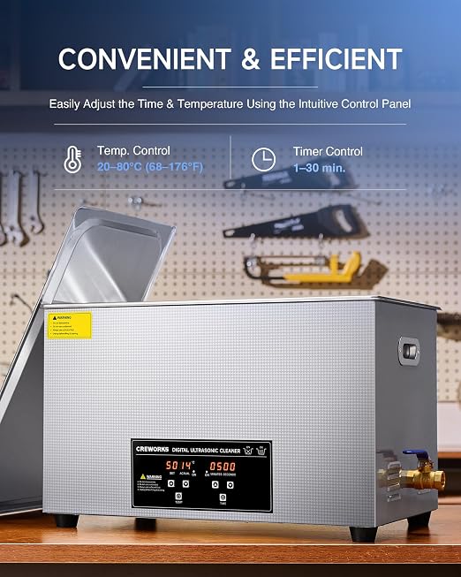 CREWORKS 30L Digital Ultrasonic Cleaning Machine with Heater and Timer, 600W Stainless Steel Ultrasonic Cleaner Machine, 7.9 gal Ultrasonic Parts Cleaner for Retainer Glasses Auto Tool Machine Part