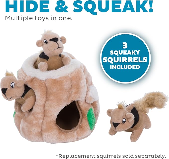 Outward Hound Hide-A-Squirrel Dog Toy – Interactive 2‑in‑1 Plush Puzzle with 3 Squeaky Removable Squirrels, Small