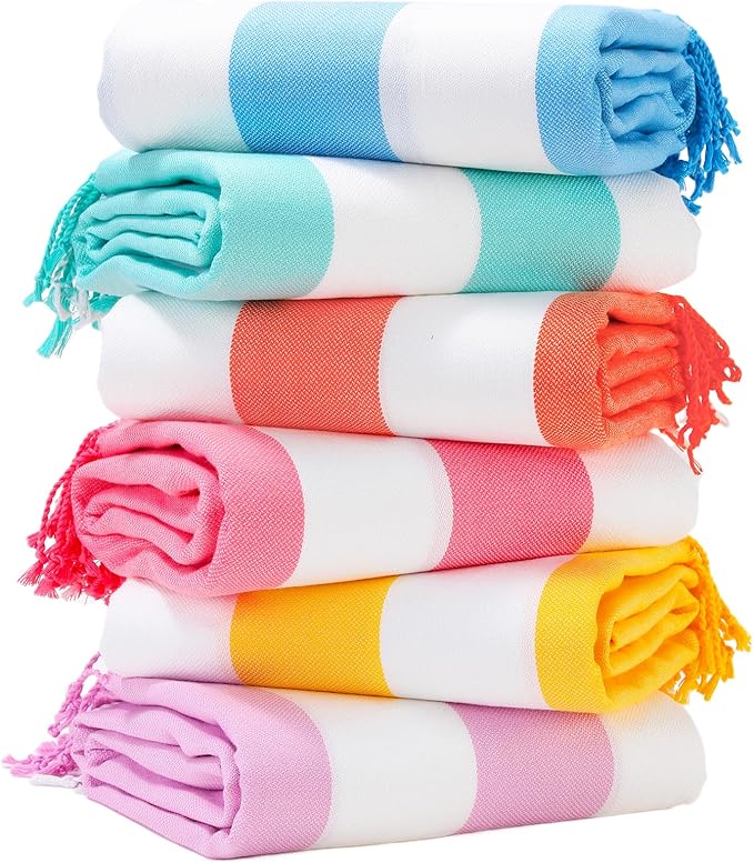 Genovega 6 Packs Oversized Stripe Turkish Beach Towel 74"x38" Thin Quick Dry Sand Free Pool Bath Swim Towels Extra Large XL Clearance Blanket Adult Travel Vacation Essentials Accessories