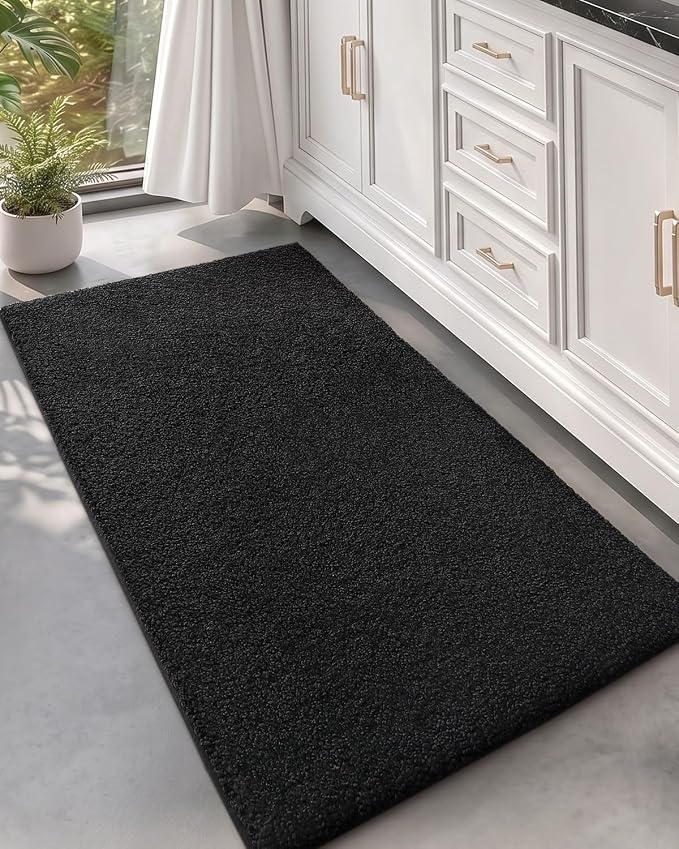 Color&Geometry Bathroom Runner Non Slip, 24"x43" Black Bath Runner Rug, Absorbent, Soft, Washable, Microfiber Bath Mat Bathroom Carpet