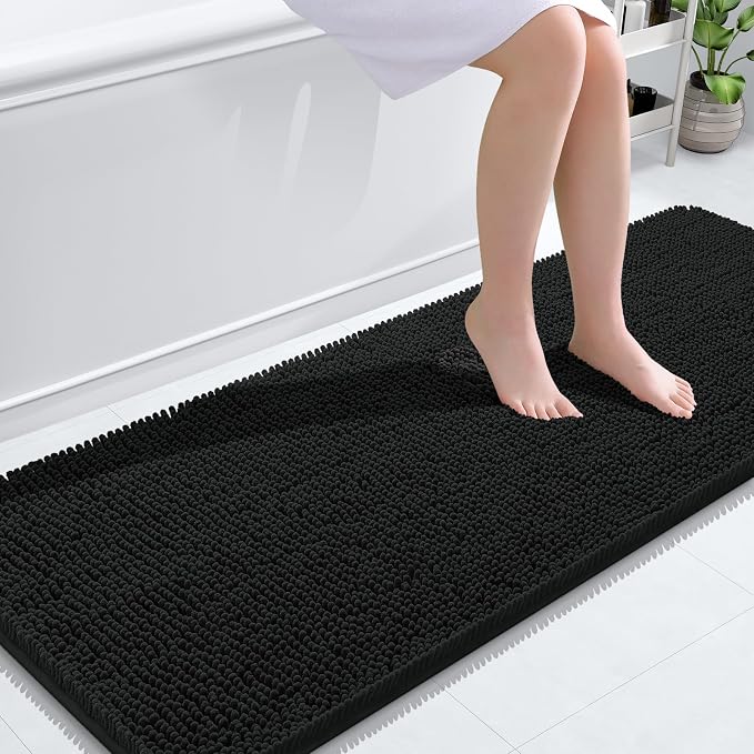 OLANLY Bathroom Runner Rugs 59x24, Extra Soft Absorbent Chenille Bath Rugs, Rubber Backing Quick Dry, Machine Washable Long Bath Mats for Bathroom Floor, Tub and Shower, Home Decor Accessories, Black