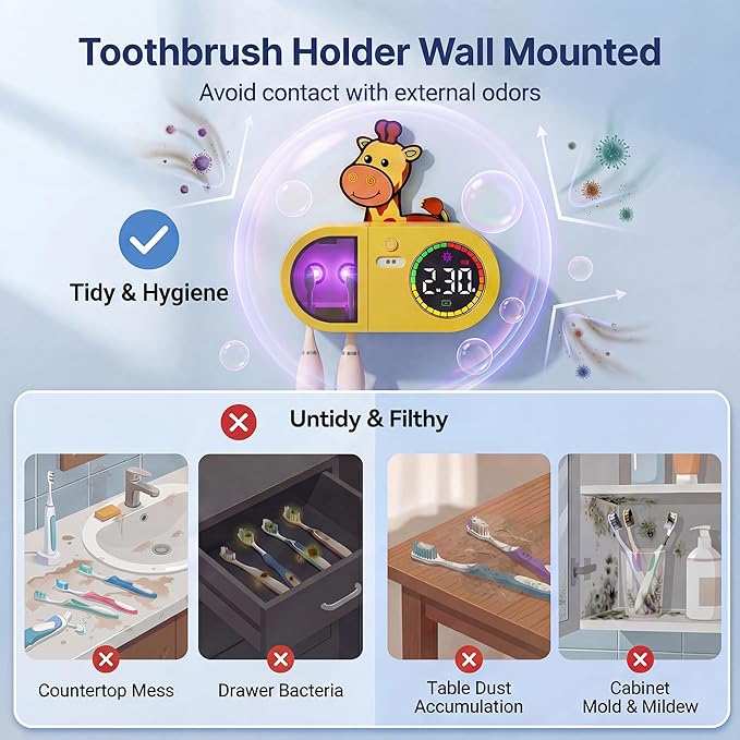 Toothbrush Holder & Toothbrush Cleaner, Kids Toothbrush Sanitizer Holder - 2 Toothbrush Capacity, Rechargeable Wall Mount Toothbrush Holder for Bathrooms