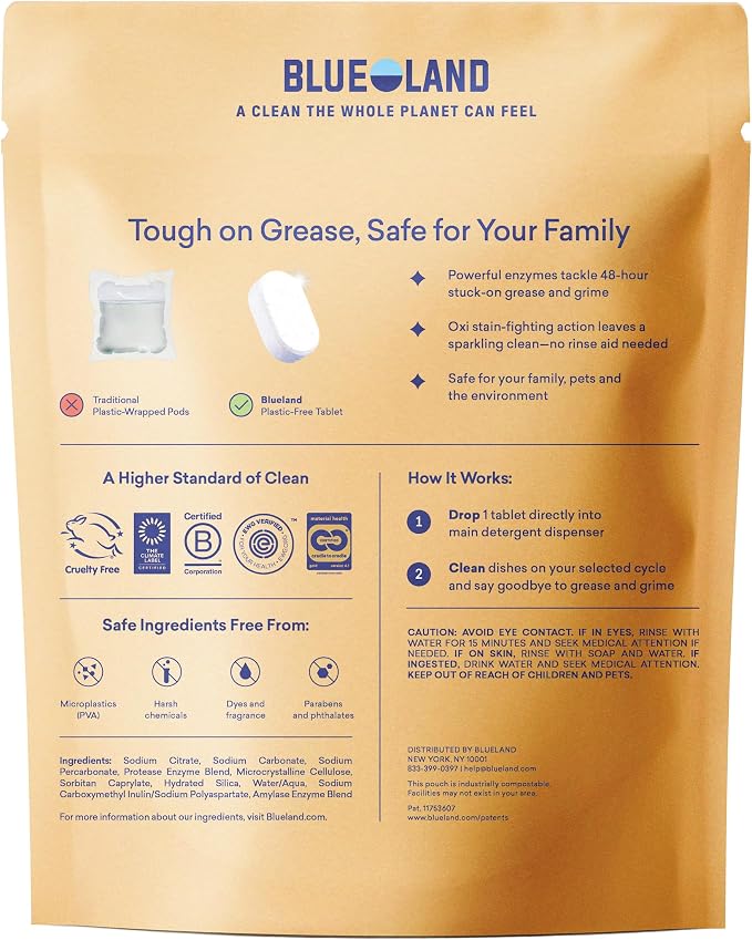 BLUELAND 100% Plastic-Free Dishwasher Detergent Tablets, Starter Set, 60 Count with tin, Lemon Zest, Eco-Friendly Dishwashing Pods, Cuts Grease & Stuck on Food, Rinses Clean for Streak-Free Shine