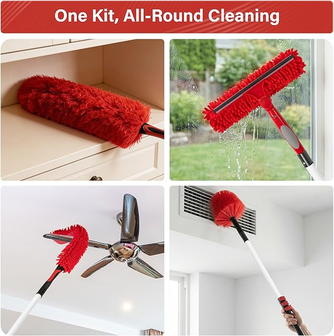 20FT High Reach Ceiling Duster Kit with 5-12ft Extension Pole – Fan & Cobweb Cleaner, Microfiber Feather Duster, 2-in-1 Window Squeegee, 270° Rotating Head, Reusable & Washable, Wall-Mount Rack