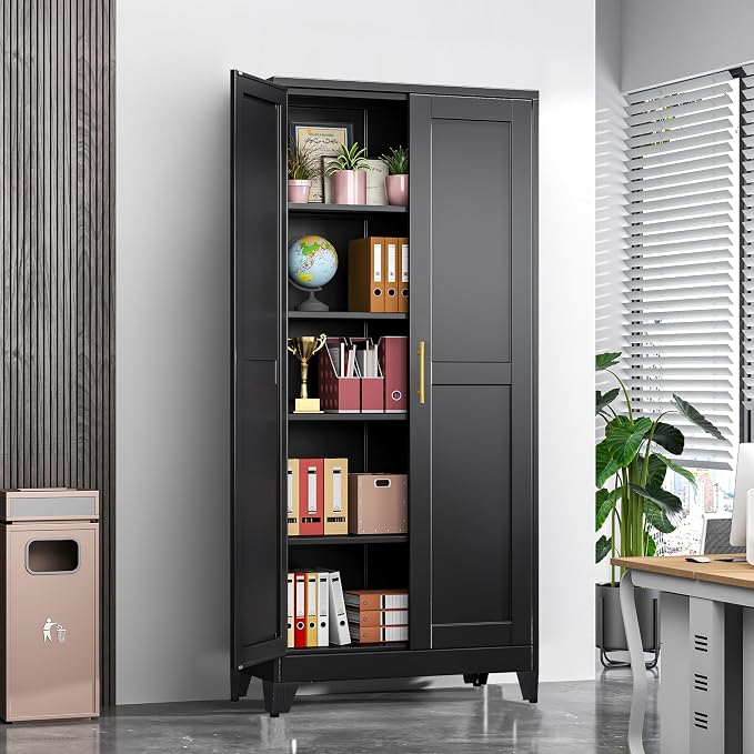 GAIOUS 71" Tall Metal Storage Cabinet with 2 Doors and 4 Adjustable Shelves, Kitchen Pantry Cabinet Black Freestanding Cupboard, 5 Tier Multifunctional Steel Storage for Office, Kitchen, Dining Room