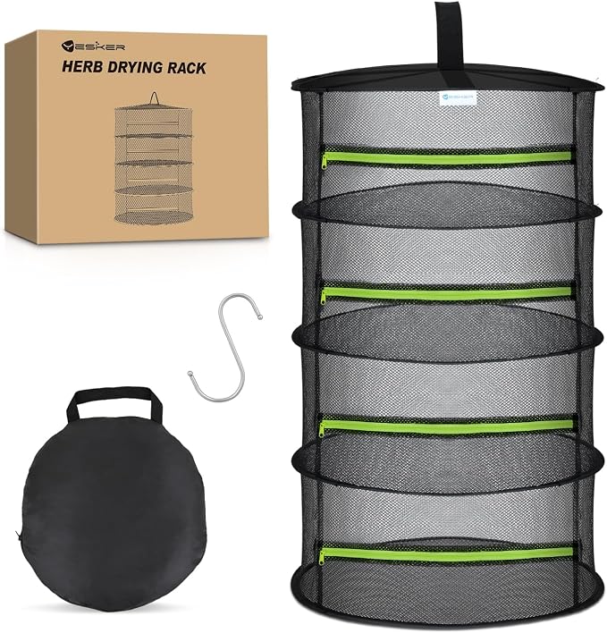 Yesker 4 Layer Herb Drying Rack Hanging Mesh Net Foldable Plant Drying Racks 24" Diameter with Green Zipper & Hook Dryer Hanging Rack for Herbs Seed Bud Fruit Clothes Grow Tent Closets Garden Outdoor | Diameter with Green Zipper & Hook Dryer Hanging Ra...