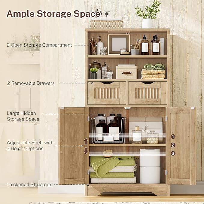Iwell Tall Storage Cabinet, Fluted Cabinet with 2 Drawers & Adjustable Shelf, Bathroom Storage Cabinet, Kitchen Pantry Storage Cabinet, for Living Room, Dining Room, Home Office, Natural Oak