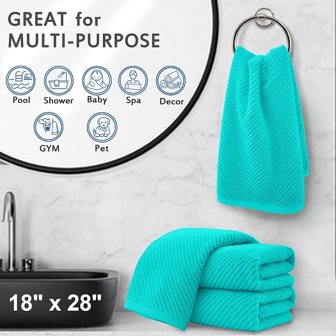 VOOVA & MOVAS Bathroom Hand Towels 4PC, 100% Cotton, 18x28 in, Turquoise | Quick Dry, Thick, Soft, Absorption, Luxury Hand Towels For Showering, Bathroom, Hotel, Spa