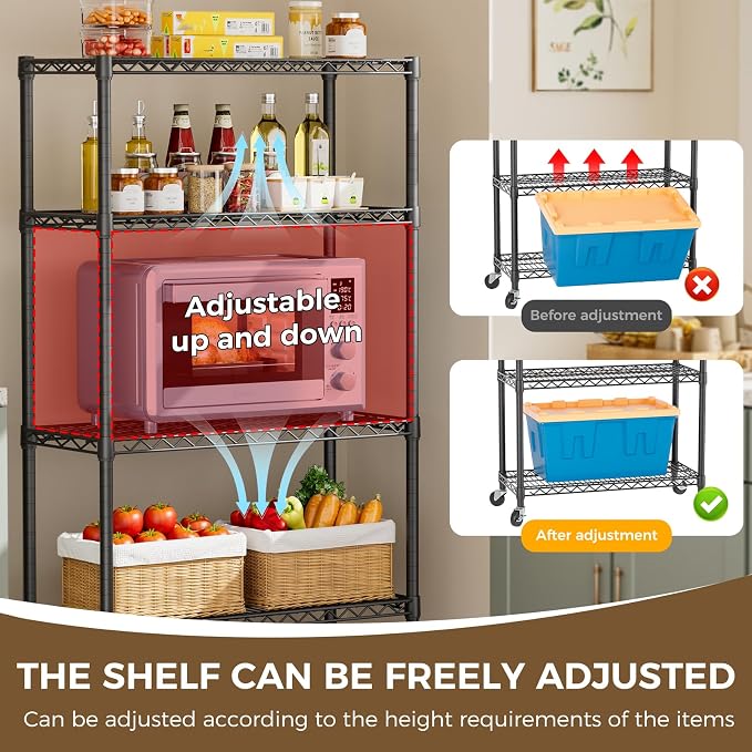 Golpart 4 Tier Shelves Storage Shelf Wire Closet Bathroom Organizers Metal Pantry Kitchen Garage Shelving Unit Laundry Room Organization Home Rack Net Basket Black with Wheels 14”D X 36”W X 58”H