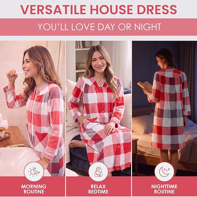 Casual Nights Women's Floral Snap Front Flannel Duster Long Sleeve Lounger Dress