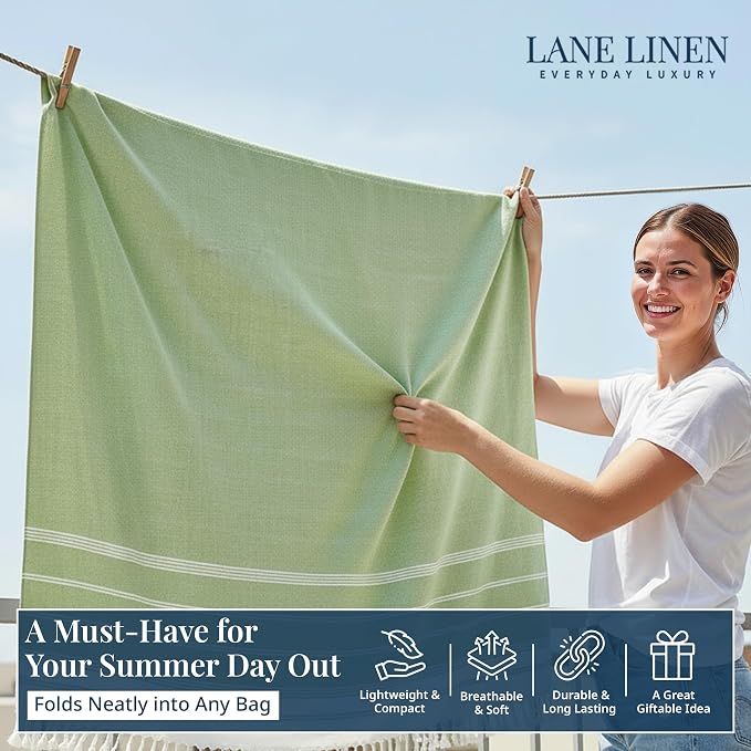 LANE LINEN Beach Blanket Sand Free, Turkish & Large Beach Towel - Jadelime | Sand Free Beach Blanket, 82"x82" - Great For Vacations, Parks & Concerts - Sand Slides Right Off - Roomy Family Size