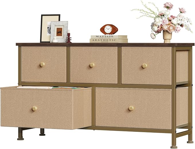 OLIXIS 5 Drawer Dresser for Bedroom, Storage Organizer for Closet, Khaki | Chest of Drawers for Clothes Storage with Bins, Wide Fabric Bedroom Dresser, Wooden Top, Living Room, Black Wood