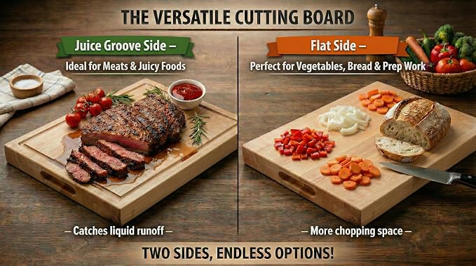 18 in. x 24 in. Maple Wood Cutting Board, Reversible with Juice Groove and Smooth Side, Thick Butcher Block Style Prep Board with Built-In Handles for Kitchen, BBQ, Meat Carving and Serving
