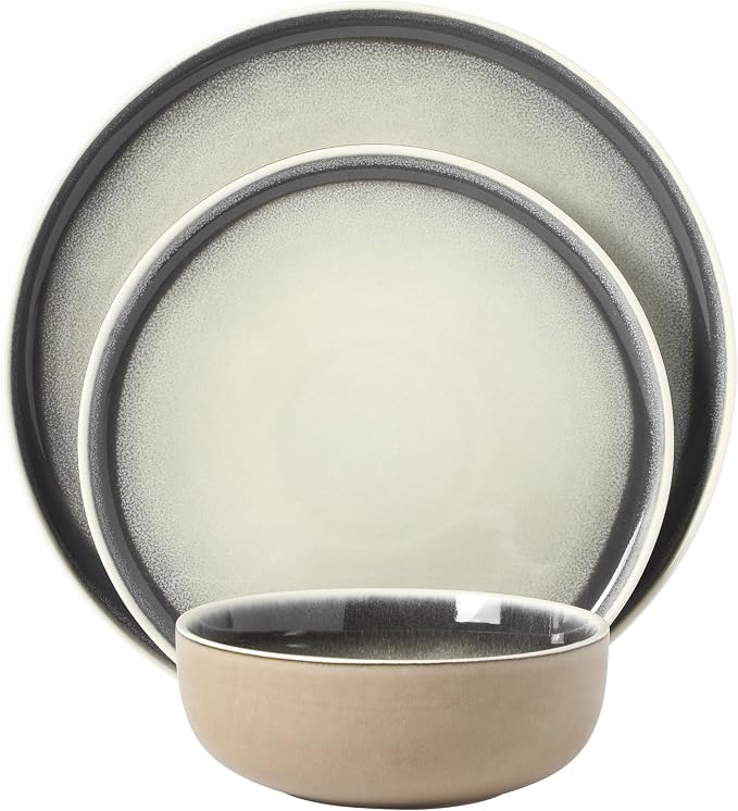 Gibson Elite Island Bay 12-Piece New Bone China Dinnerware Set Service for 4, Reactive Glaze Plates and Bowls, Dishwasher and Microwave Safe, Black and Cream