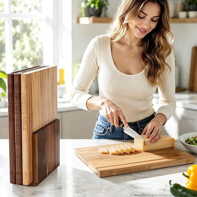 Book Cutting Board Set with Wooden Stand for Home Cooks | 3 Labeled Boards for Fruits Veggies,Meat Fish,Bread Cheese Organized Prep,No Cross Contamination