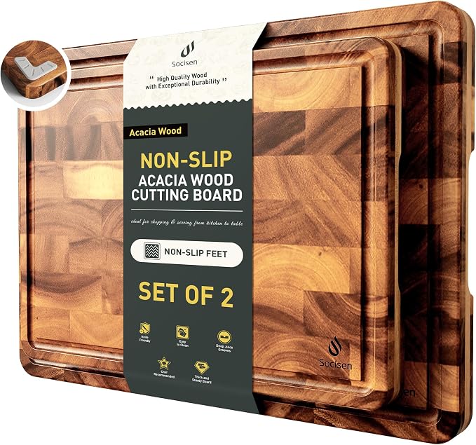 End Grain Cutting Board Set of 2 with Non-slip Feet, Reversible Acacia Wood Cutting Boards for Kitchen with Juice Grooves and Handles Non Toxic Chopping Board Butcher Block Serving Tray Kitchen Gift